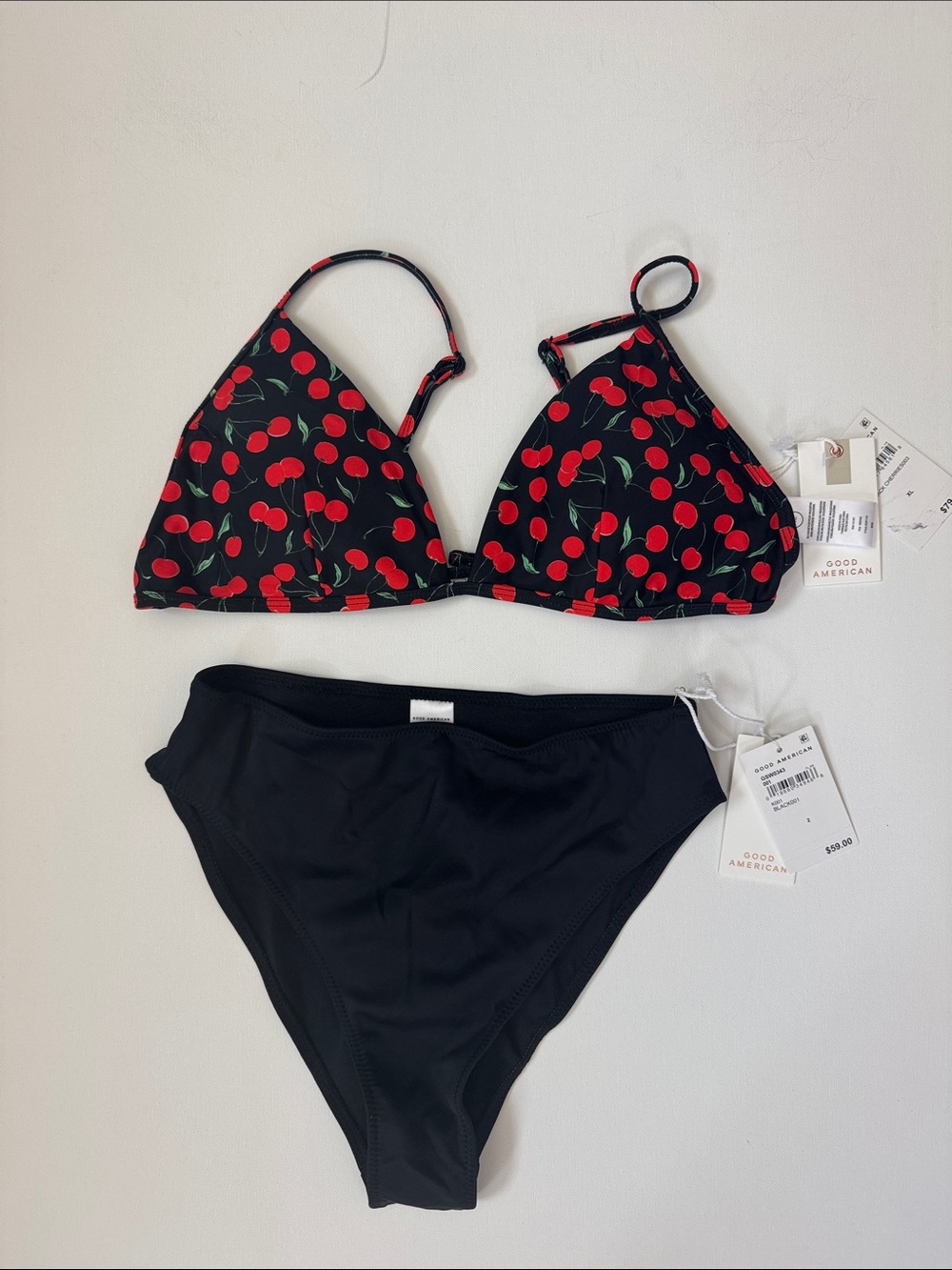 Good American Black Triangle Bikini Top Red Cherry Print& Black Bottoms Mixed